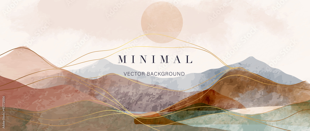 Mountain and golden line arts background vector. Oriental Luxury landscape background design with watercolor brush and gold line texture. Wallpaper design, Wall art for home decor and prints. - obrazy, fototapety, plakaty 