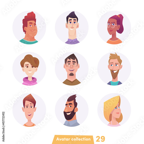  Collection of people avatars isolated. Adults and young people at round frame. Set different cartoon person portrait.
