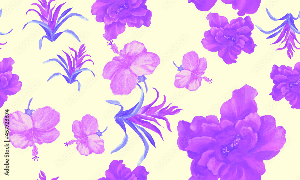 Pink Hibiscus Foliage. Violet Flower Foliage. Purple Seamless Jungle. Vanilla Watercolor Design. Pattern Set. Tropical Jungle. Exotic Foliage.Art Backdrop