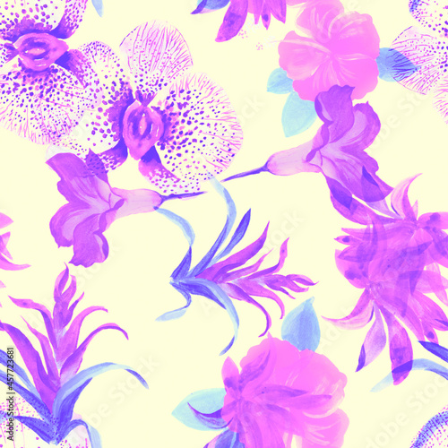 Coral Flower Background. Purple Summer Jungle. Vanilla Seamless Textile. Watercolor Palm. Pattern Leaves. Floral Painting. Exotic Palm. Botanical Wallpaper. © Nima