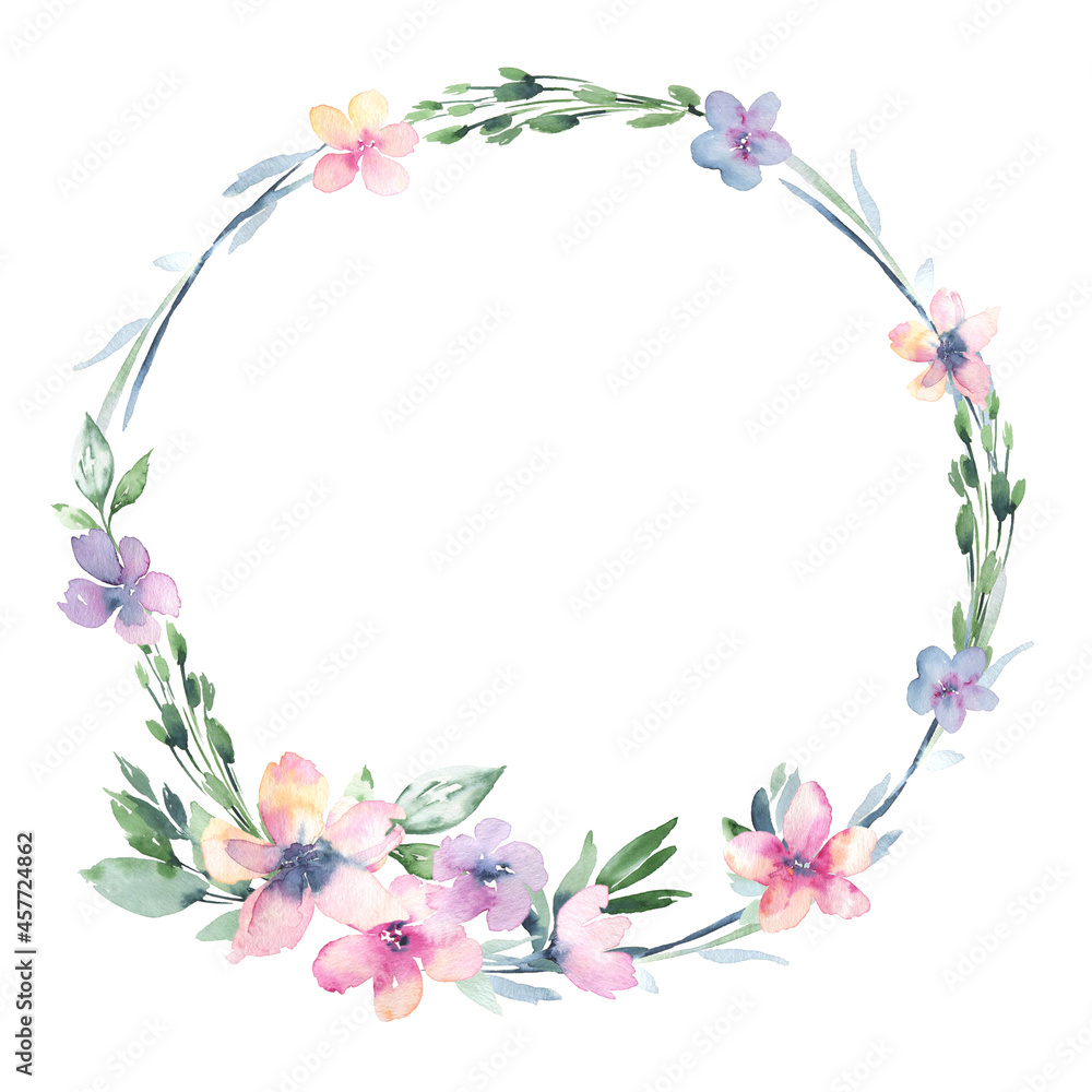 Watercolor wreath frame with delicate abstract flowers