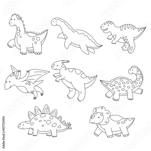 Cute coloring dinosaur dino for kid  books. Cartoon children game. Black and white flat vector illustration isolated on white background.