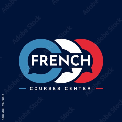 Learning French Language Class Logo. language exchange program, forum, speech bubble, and international communication sign. With France Flag