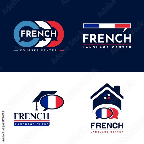 Set of Learning French Language Class Logo. the language exchange program, forum, speech bubble, and international communication sign. With France Flag