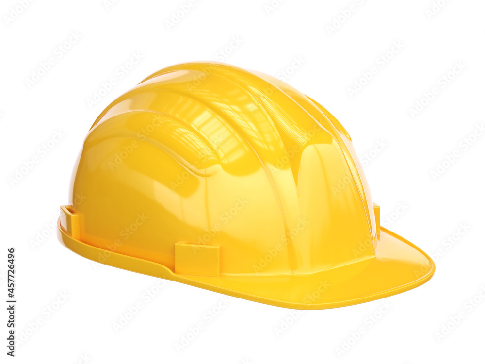 Fototapeta premium Yellow hard hat, safety helmet isolated on white background 3d rendering