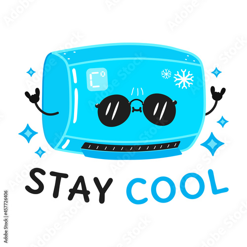 Funny cute happy air conditioning character. Vector kawaii line cartoon style illustration. Card with cute air conditioning