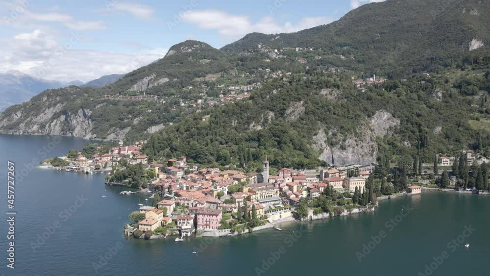 Top view of Varenna by Lake Como in Italy, aerial view of the old town with the church of San Giorgio in the central square Top view of Varenna by Lake Como in Italy, aerial view of the old town with the church of San Giorgio in the central square