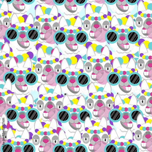 Funny lamas alpacas with glasses and gum on pink background. Flat image of cute and funny animal.