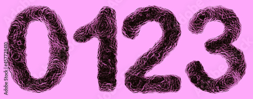 Microscopic view of bacteria in shape of digits 0, 1, 2, 3 on violet background. Set of 3D numbers for microbiology, science research or bacterial infection concepts. Vector illustration. Pt.1 of 2
