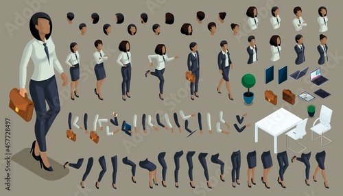 Iisometric Set of hand gestures and legs of African American woman 3d business lady. Create your isometric office worker for vector illustrations