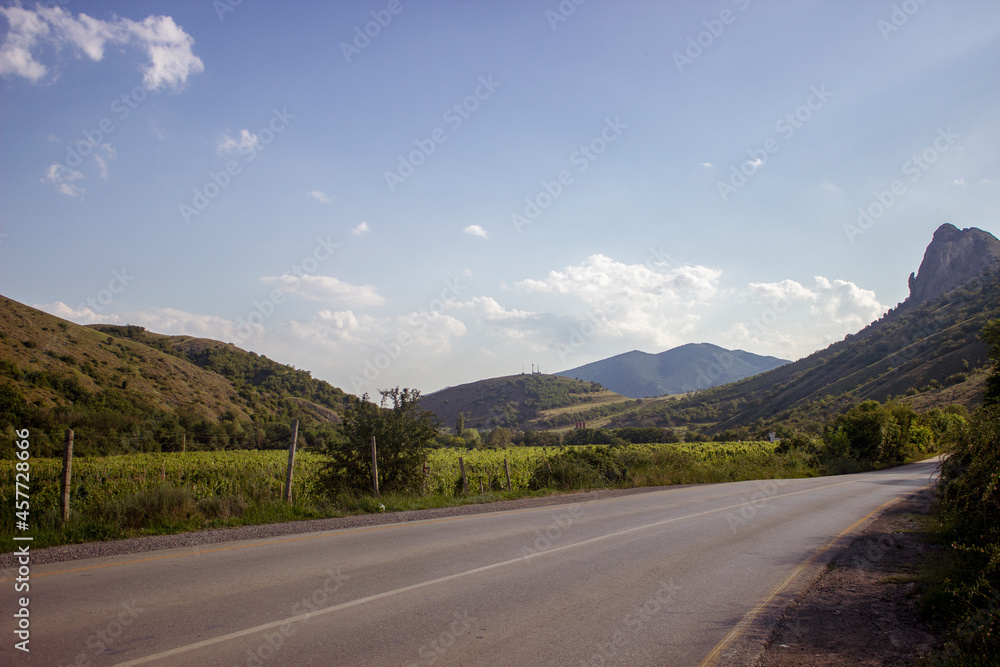 Naklejka premium A frog mountain against a blue sky with clouds at the foot of the road and yellow sunflowers at it.