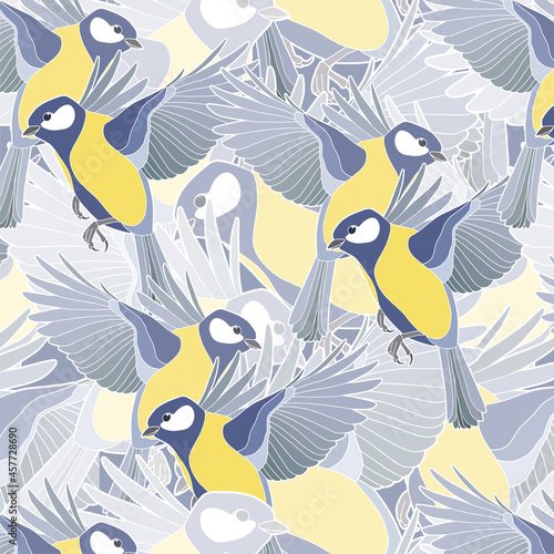 Seamless background. Beautiful tits. Yellow-blue little birds. 