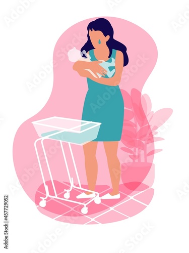 A crying mother stands next to the baby's cradle. Remembers how she holds the baby. Loss of a newborn baby. Sudden Infant Death Syndrome. Memory of the unborn children and dead babies. Vector concept