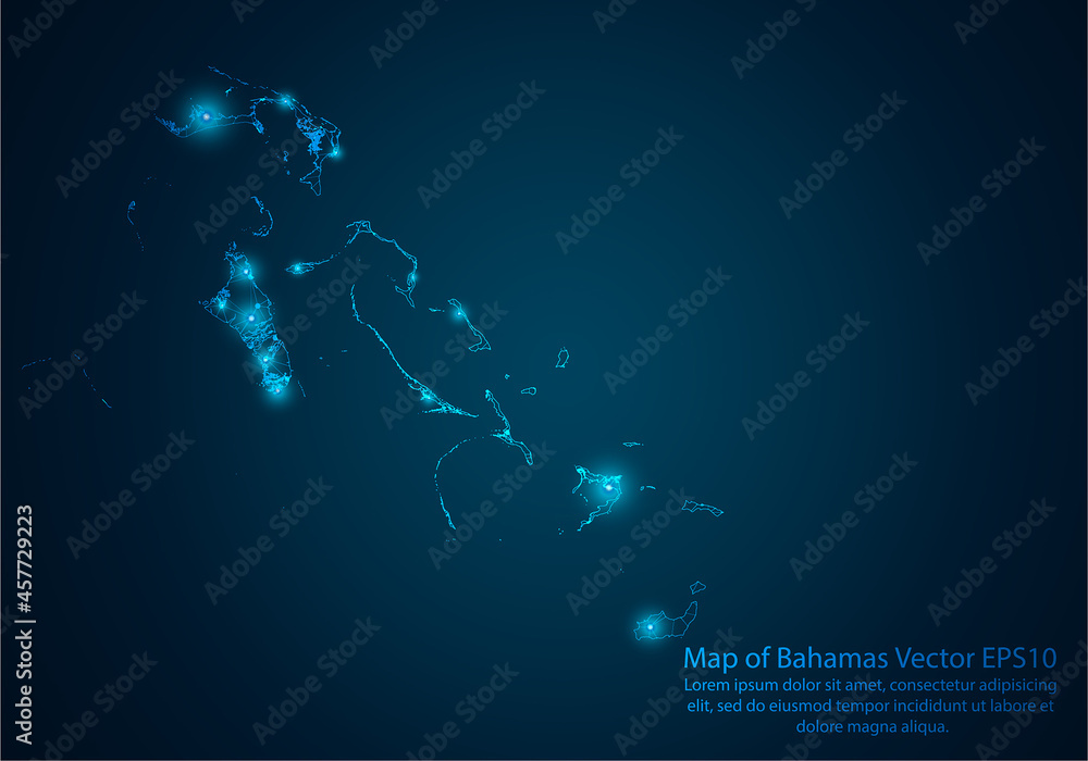 Naklejka premium Abstract mash line and point scales on dark background with map of Bahamas.3D mesh polygonal network line, design sphere, dot and structure. Vector illustration eps 10.