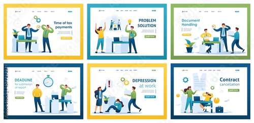 Collection of landing pages. Time of tax payments, deadline, agreement problem, depression at work. 2D characters