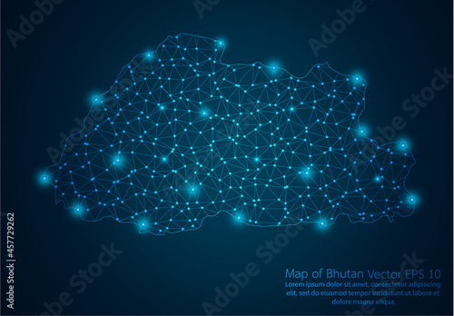 Abstract mash line and point scales on dark background with map of Bhutan.3D mesh polygonal network line, design sphere, dot and structure. Vector illustration eps 10.