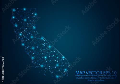 Abstract mash line and point scales on dark background with map of California.3D mesh polygonal network line, design sphere, dot and structure. Vector illustration eps 10.