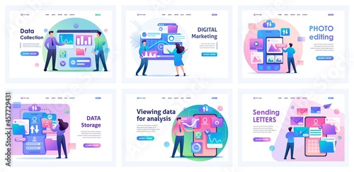 Collection of landing pages. Data storage and analysis, photo processing, email sending, digital marketing. 2D characters