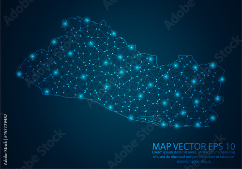 Abstract mash line and point scales on dark background with map of El Salvador.3D mesh polygonal network line, design sphere, dot and structure. Vector illustration eps 10.