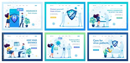 Collection of landing pages. Work of medical personnel during the epidemic, patient care, reception of patients, examination. 2D characters