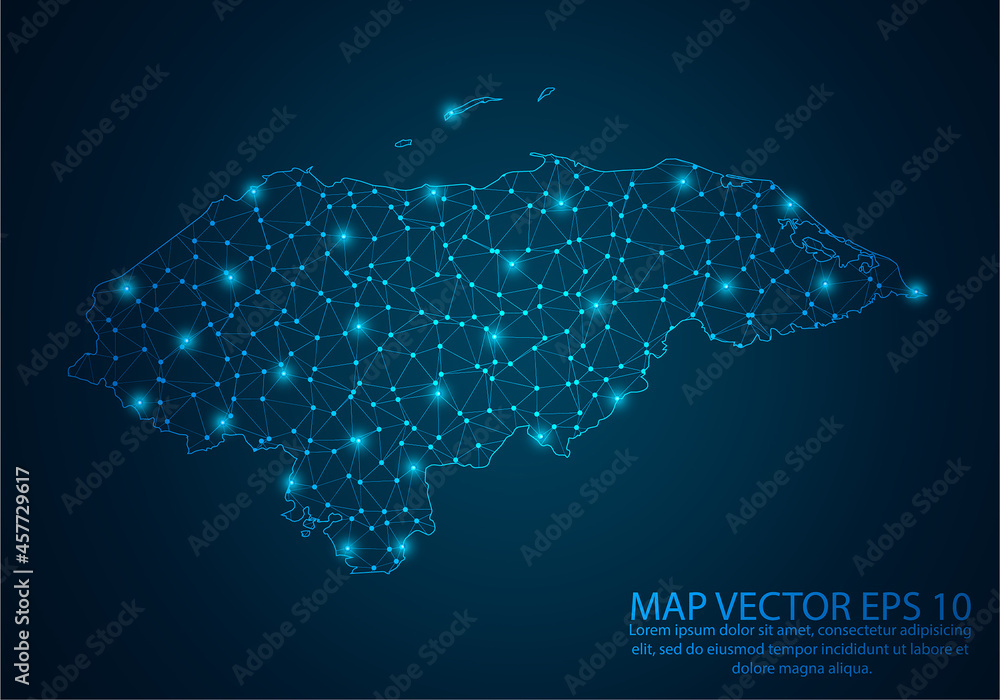 Abstract mash line and point scales on dark background with map of Honduras.3D mesh polygonal network line, design sphere, dot and structure. Vector illustration eps 10.
