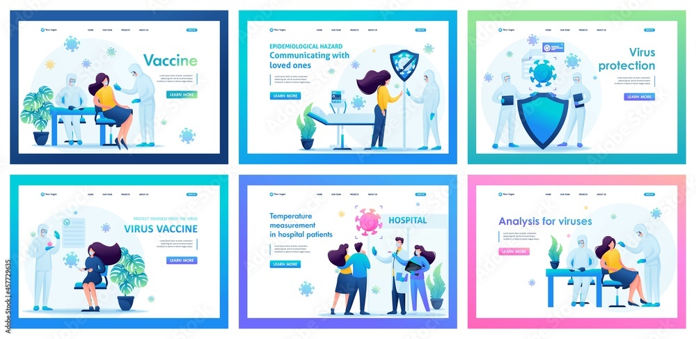 Collection of landing pages. Work of medical personnel during the epidemic, vaccines, vaccination of the population, immunity. 2D characters Collection of landing pages. Work of medical personnel during the epidemic, vaccines, vaccination of the population, immunity. 2D characters