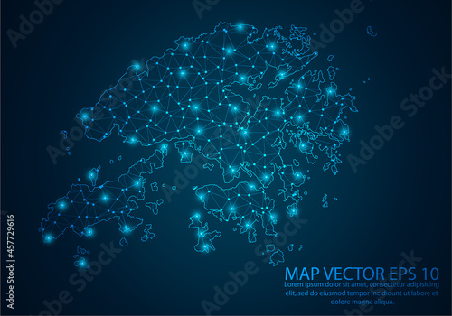 Abstract mash line and point scales on dark background with map of Hong Kong.3D mesh polygonal network line, design sphere, dot and structure. Vector illustration eps 10.