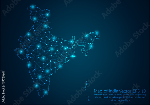 Abstract mash line and point scales on dark background with map of India.3D mesh polygonal network line, design sphere, dot and structure. Vector illustration eps 10.