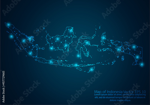 Abstract mash line and point scales on dark background with map of Indonesia.3D mesh polygonal network line, design sphere, dot and structure. Vector illustration eps 10.