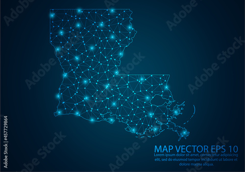 Abstract mash line and point scales on dark background with map of Louisiana.3D mesh polygonal network line, design sphere, dot and structure. Vector illustration eps 10.