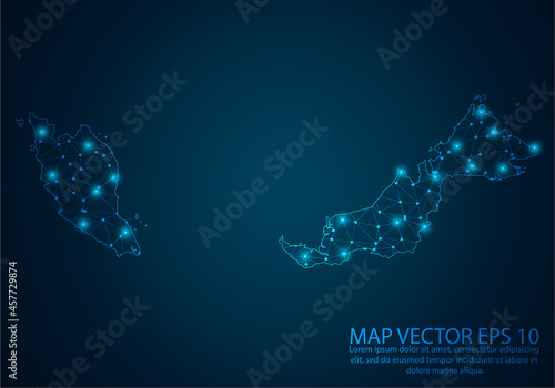 Abstract mash line and point scales on dark background with map of Malaysia.3D mesh polygonal network line, design sphere, dot and structure. Vector illustration eps 10.