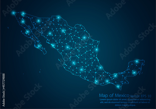 Abstract mash line and point scales on dark background with map of Mexico.3D mesh polygonal network line, design sphere, dot and structure. Vector illustration eps 10.
