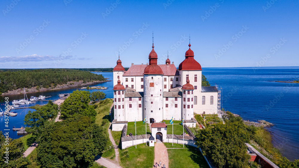 Läckö castle in Sweden with a clear blue sky - Drone Perspective Architecture Photography	