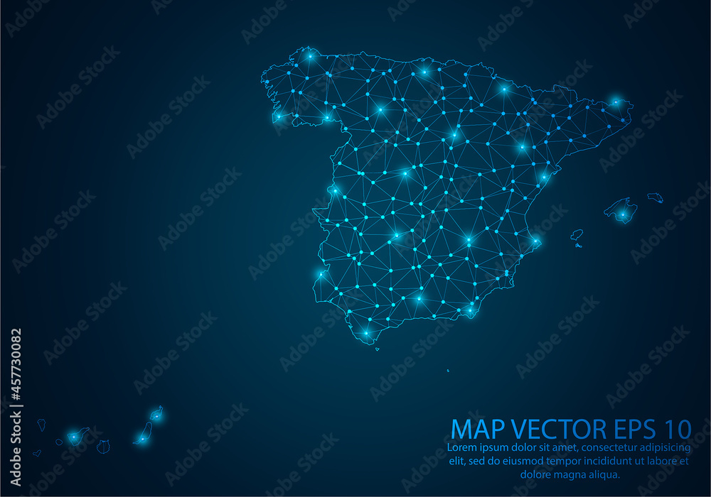 Abstract mash line and point scales on dark background with map of Spain.3D mesh polygonal network line, design sphere, dot and structure. Vector illustration eps 10.