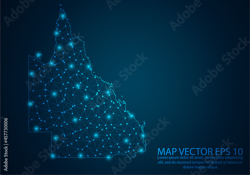 Abstract mash line and point scales on dark background with map of Queensland.3D mesh polygonal network line, design sphere, dot and structure. Vector illustration eps 10.
