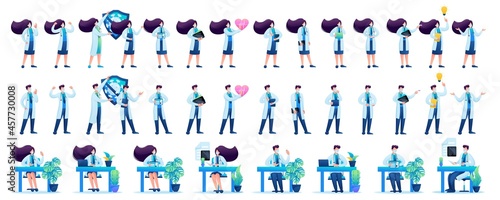 Large set of people. Medical staff, doctors men and women, different poses and actions of people to create vector illustrations. 2D Characters