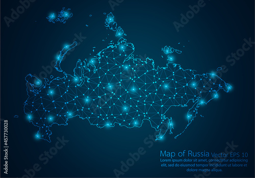 Abstract mash line and point scales on dark background with map of Russia.3D mesh polygonal network line, design sphere, dot and structure. Vector illustration eps 10.