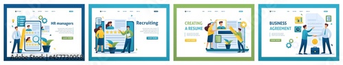 Collection of landing pages. Recruitment, job search, HR manager, create a creative resume, agreement. 2D characters