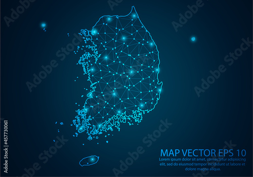 Abstract mash line and point scales on dark background with map of South Korea.3D mesh polygonal network line, design sphere, dot and structure. Vector illustration eps 10.