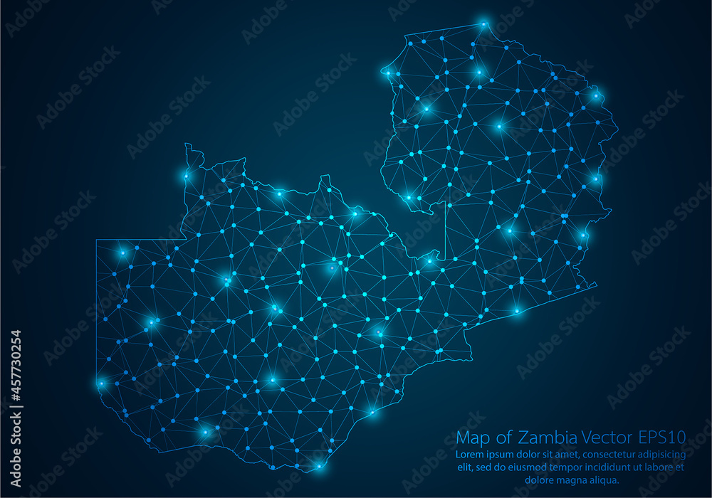 Abstract mash line and point scales on dark background with map of