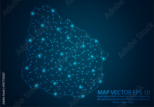 Abstract mash line and point scales on dark background with map of Uruguay.3D mesh polygonal network line, design sphere, dot and structure. Vector illustration eps 10.