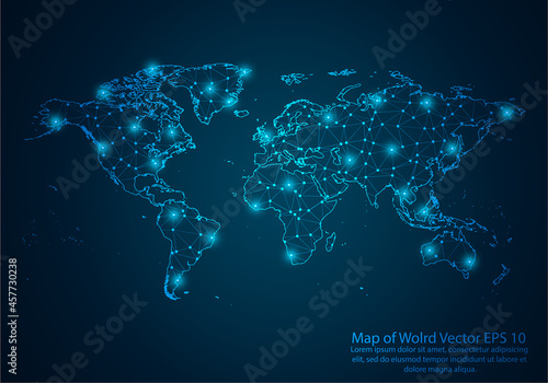 Abstract mash line and point scales on dark background with map of wolrd.3D mesh polygonal network line, design sphere, dot and structure. Vector illustration eps 10. photo