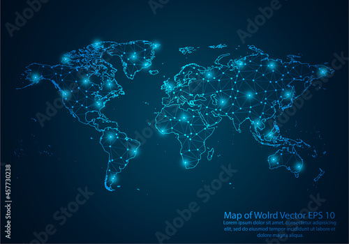 Abstract mash line and point scales on dark background with map of wolrd.3D mesh polygonal network line, design sphere, dot and structure. Vector illustration eps 10.
