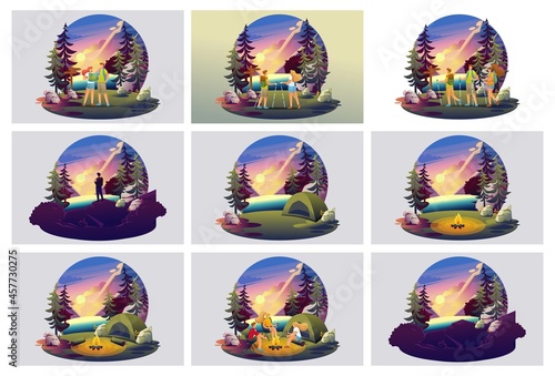 Collection of illustrations for web design, traveling with tents, songs around the campfire, beautiful nature, mountains, pine forest. 2D characters