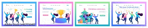 Collection of landing pages. Colleagues celebrate victory, rejoice, have fun, employees, teamwork, success. Isometric characters