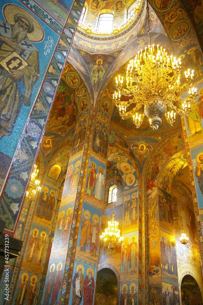 Amazing interior of full mosaics in Church of the Savior on Blood at st petersburg russia,vault structure in church.