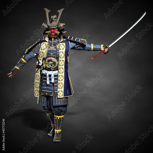 Fotografie A Japanese samurai with a drawn sword. 3d illustration