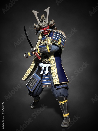 Foto A Japanese samurai with a drawn sword. 3d illustration