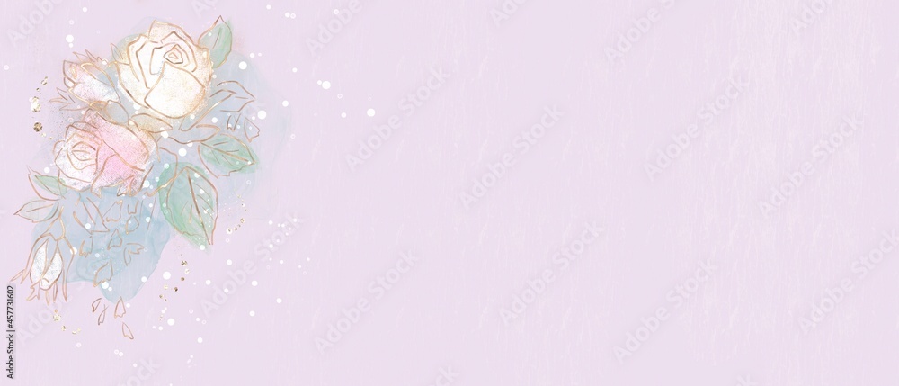 アルコールインクアートのバナー）薄紫色の背景に白い薔薇　ゴールド　エレガント　花　コピースペース
