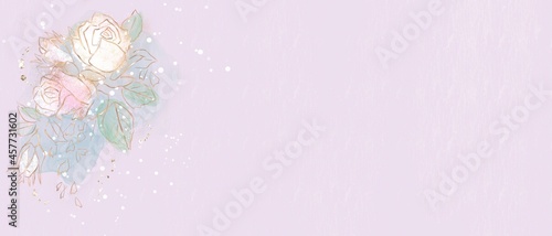 アルコールインクアートのバナー）薄紫色の背景に白い薔薇 ゴールド エレガント 花 コピースペース